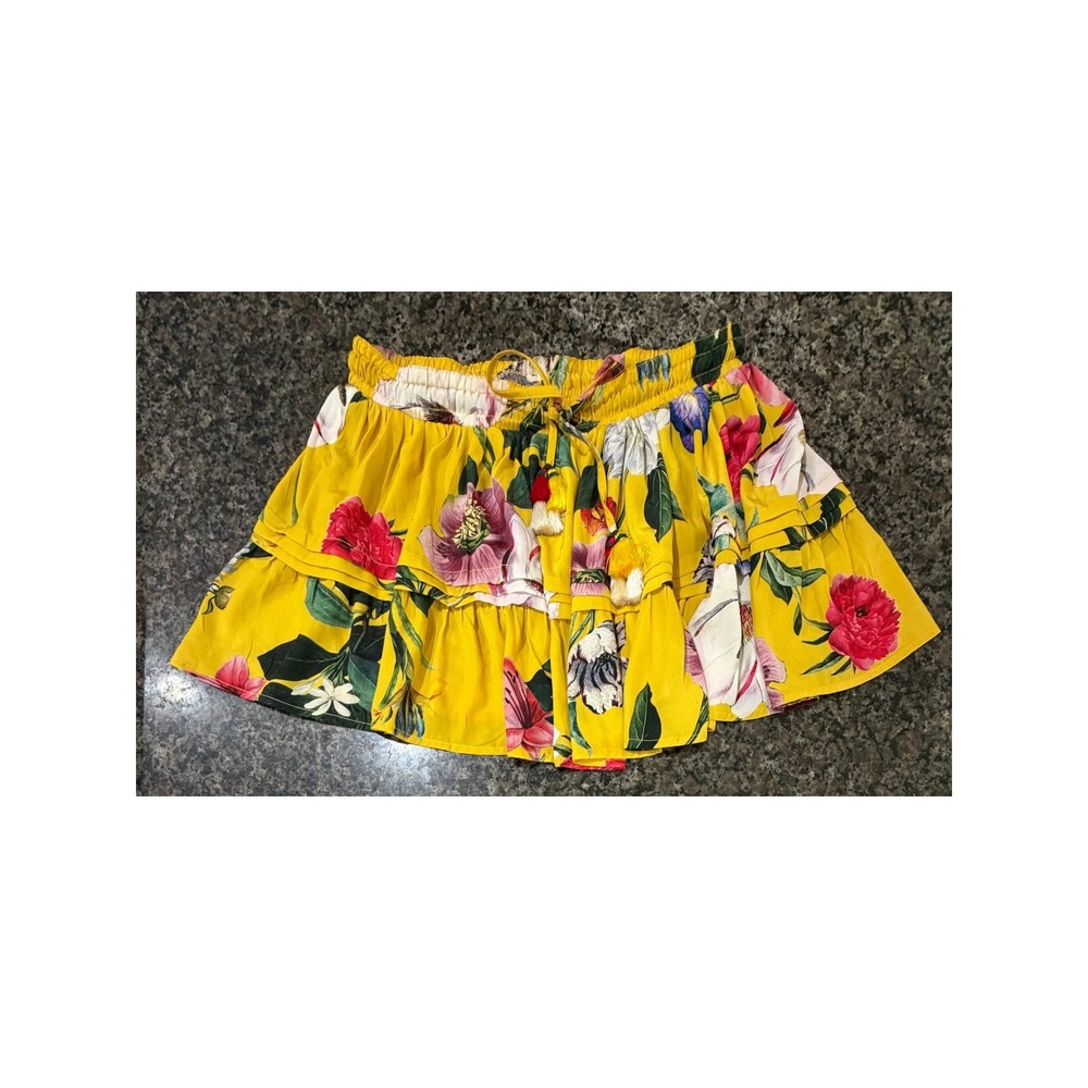 Hemant & Nandita Yellow Floral Tiered Ruffle Mini Skirt Tassel Drawstring Medium